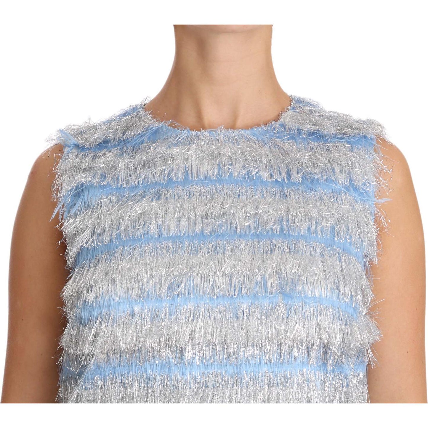 Dolce & Gabbana Elegant Light Blue Fringe Shift Dress Dolce & Gabbana Gray