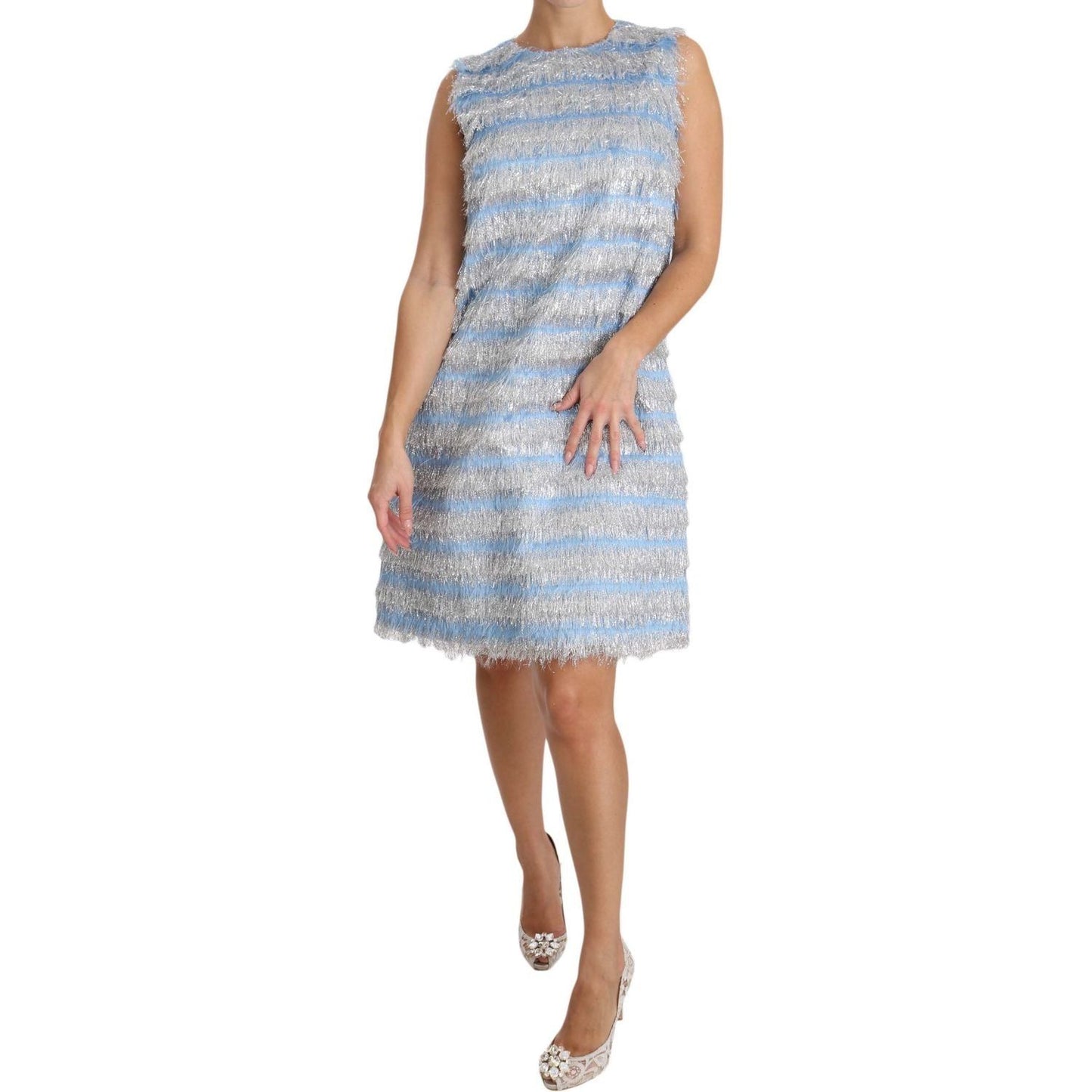 Dolce & Gabbana Elegant Light Blue Fringe Shift Dress Dolce & Gabbana Gray