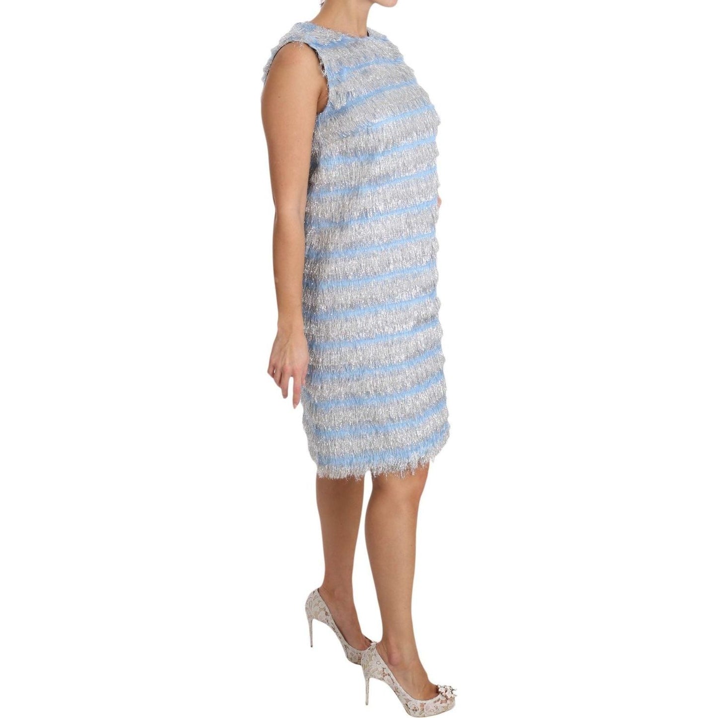 Dolce & Gabbana Elegant Light Blue Fringe Shift Dress Dolce & Gabbana Gray