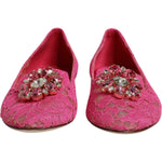 Dolce & Gabbana Fuchsia Crystal Loafer Lace Ballet Flats Shoes