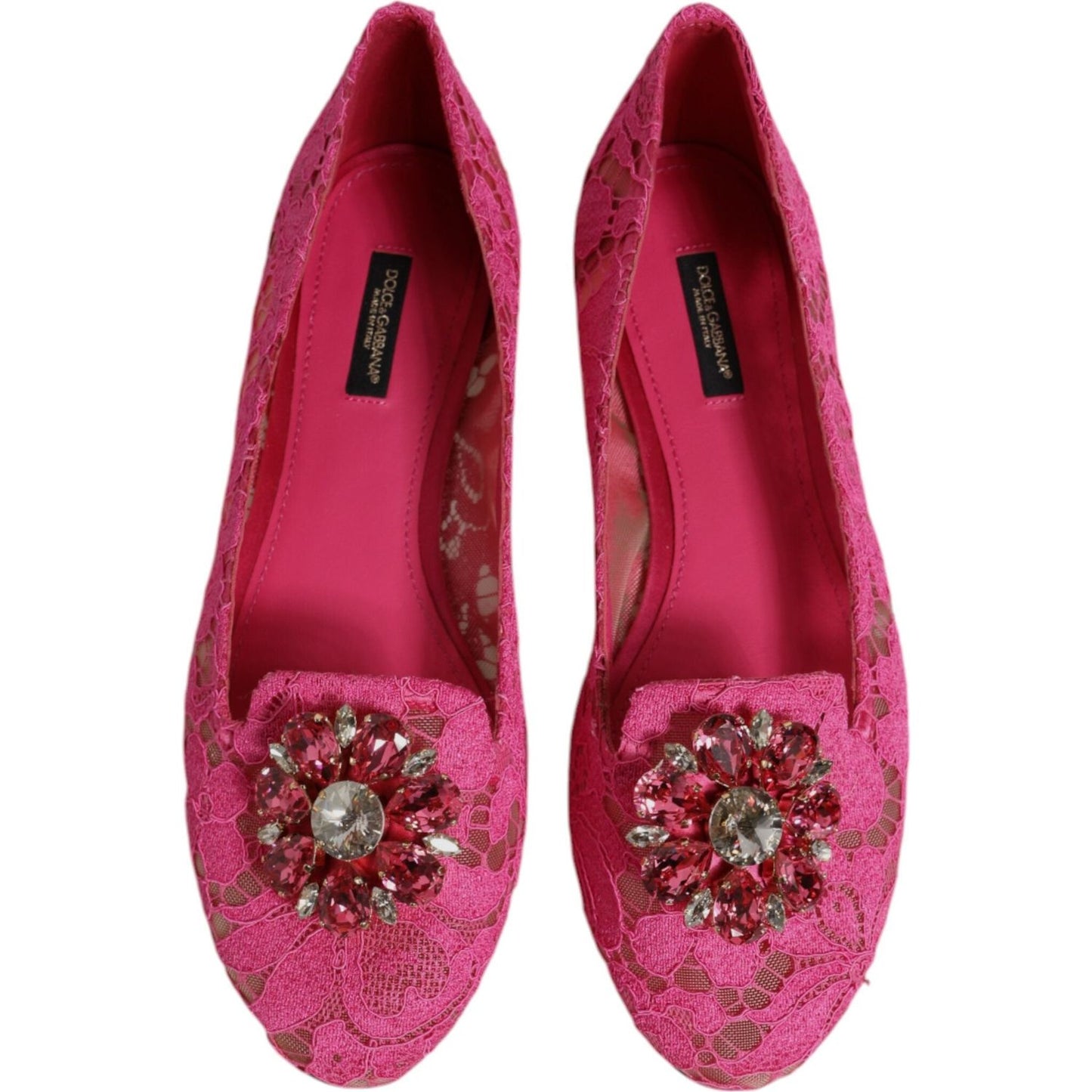 Dolce & Gabbana Fuchsia Crystal Loafer Lace Ballet Flats Shoes