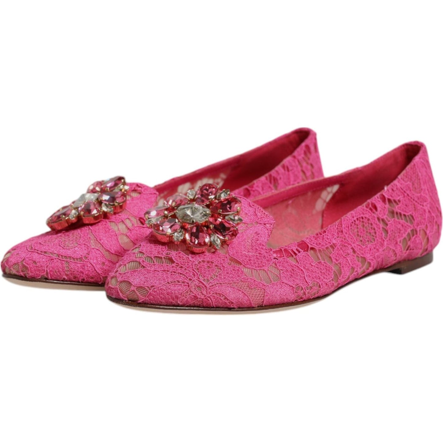 Dolce & Gabbana Fuchsia Crystal Loafer Lace Ballet Flats Shoes