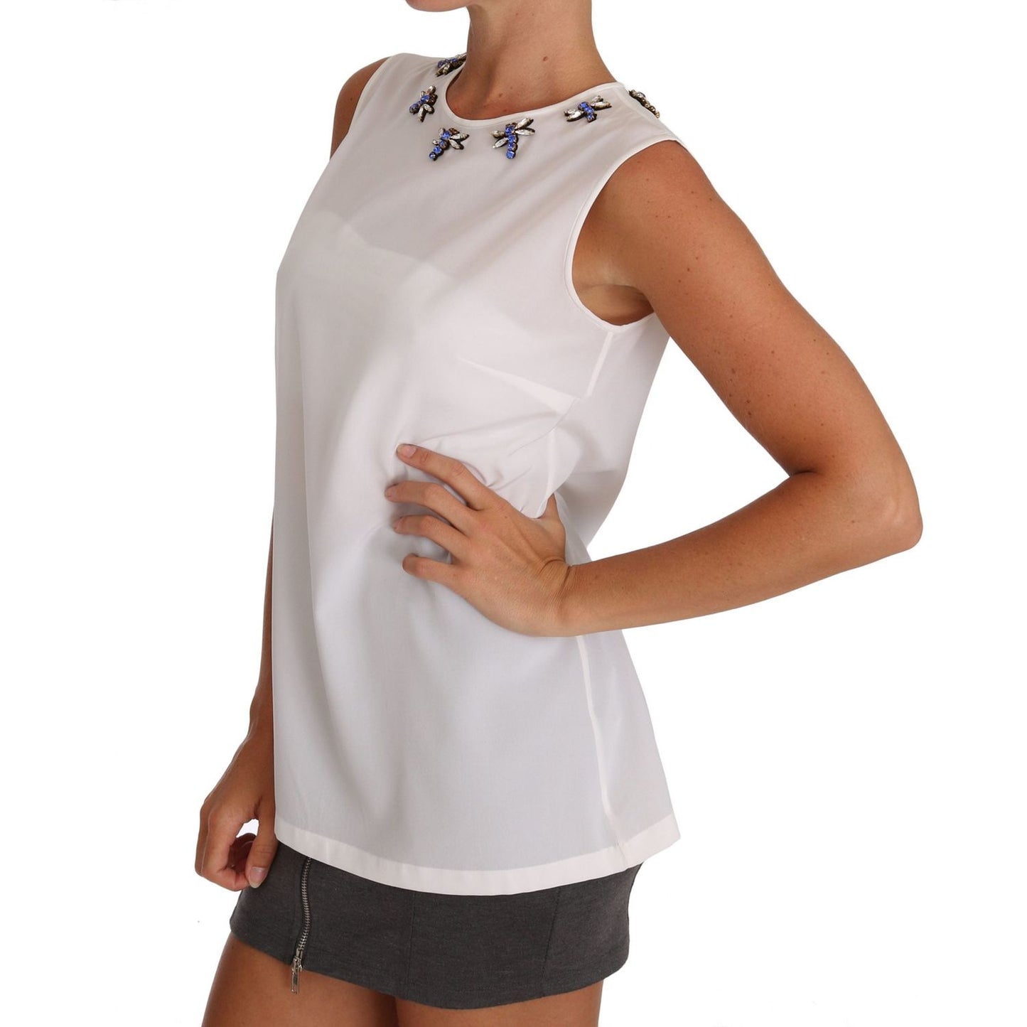 Dolce & Gabbana Elegant Embellished Sleeveless Silk Blouse Dolce & Gabbana Gray