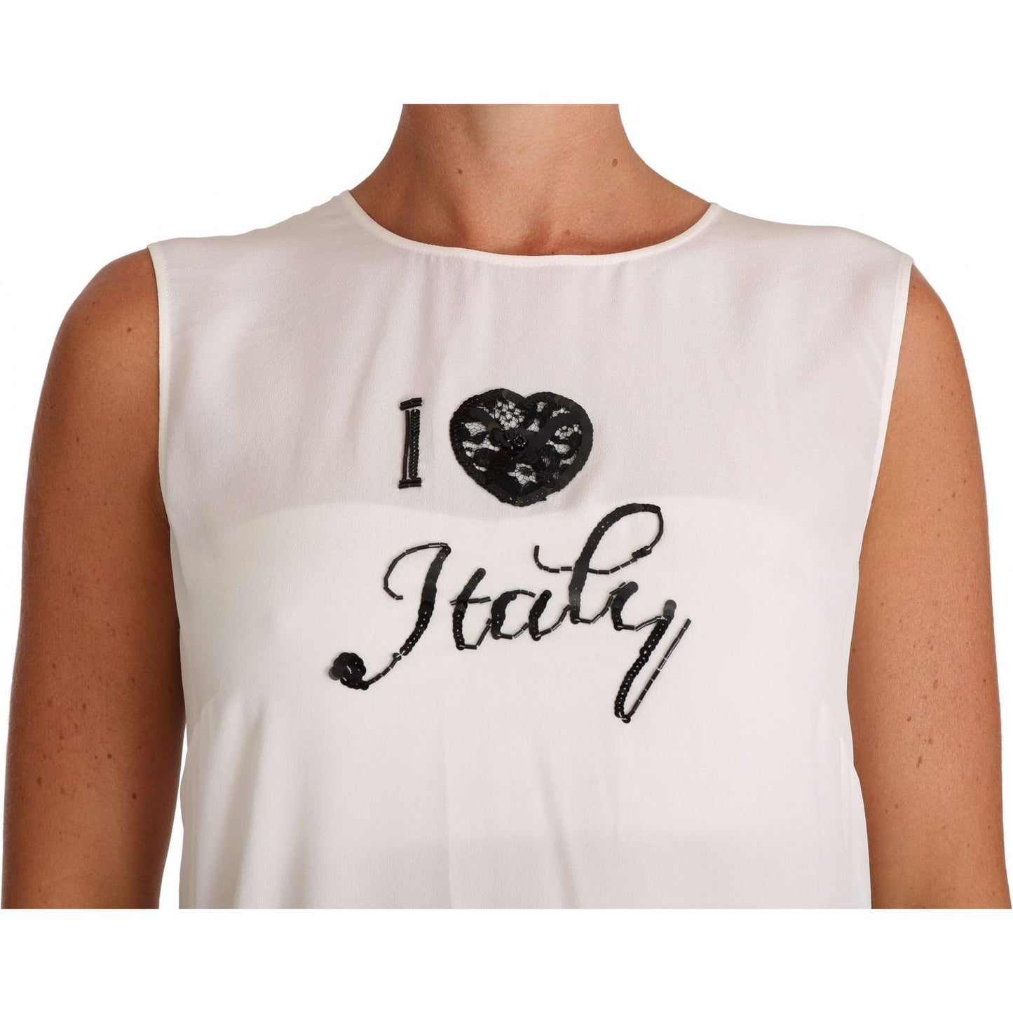 Dolce & Gabbana Elegant White Silk Sleeveless Top with Lace Detail Dolce & Gabbana Light Gray