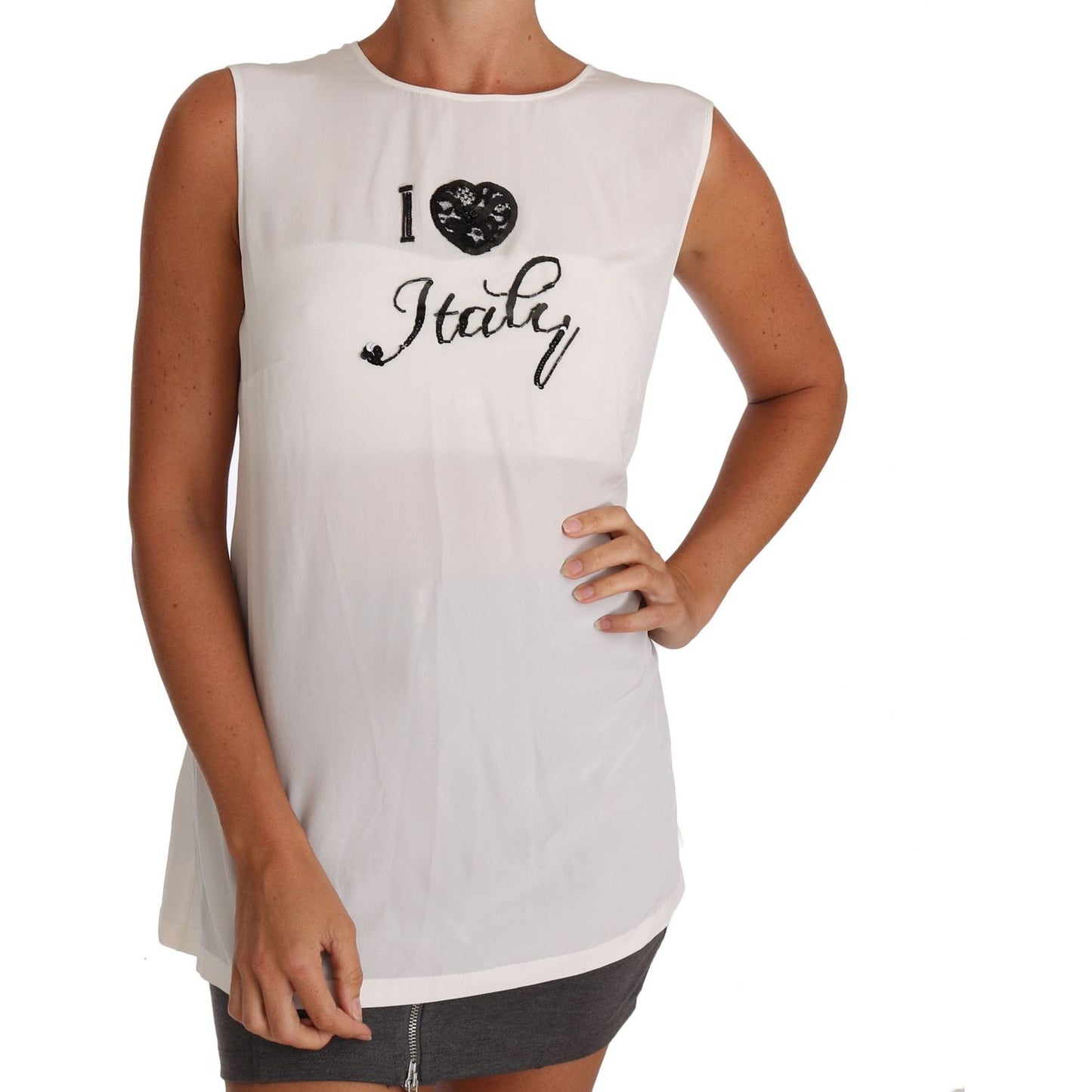 Dolce & Gabbana Elegant White Silk Sleeveless Top with Lace Detail Dolce & Gabbana Gray