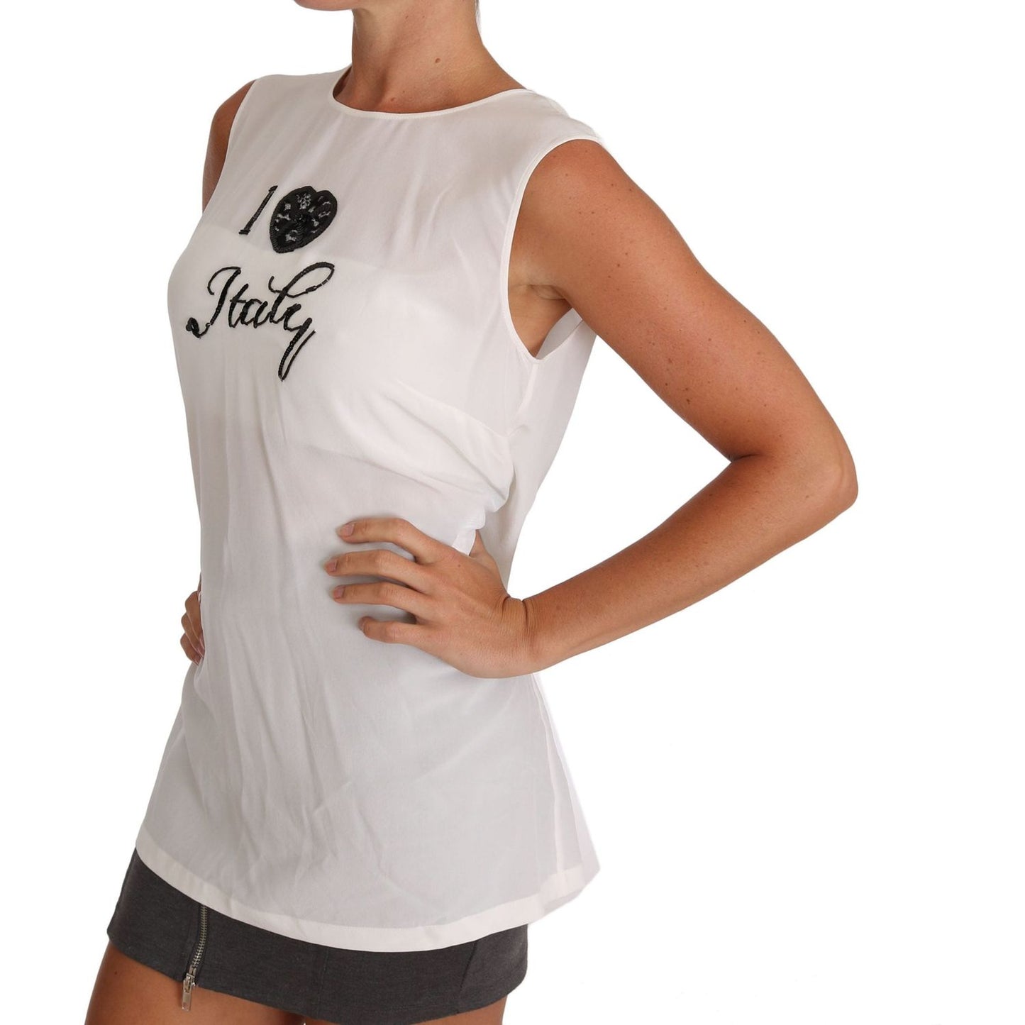 Dolce & Gabbana Elegant White Silk Sleeveless Top with Lace Detail Dolce & Gabbana Gray