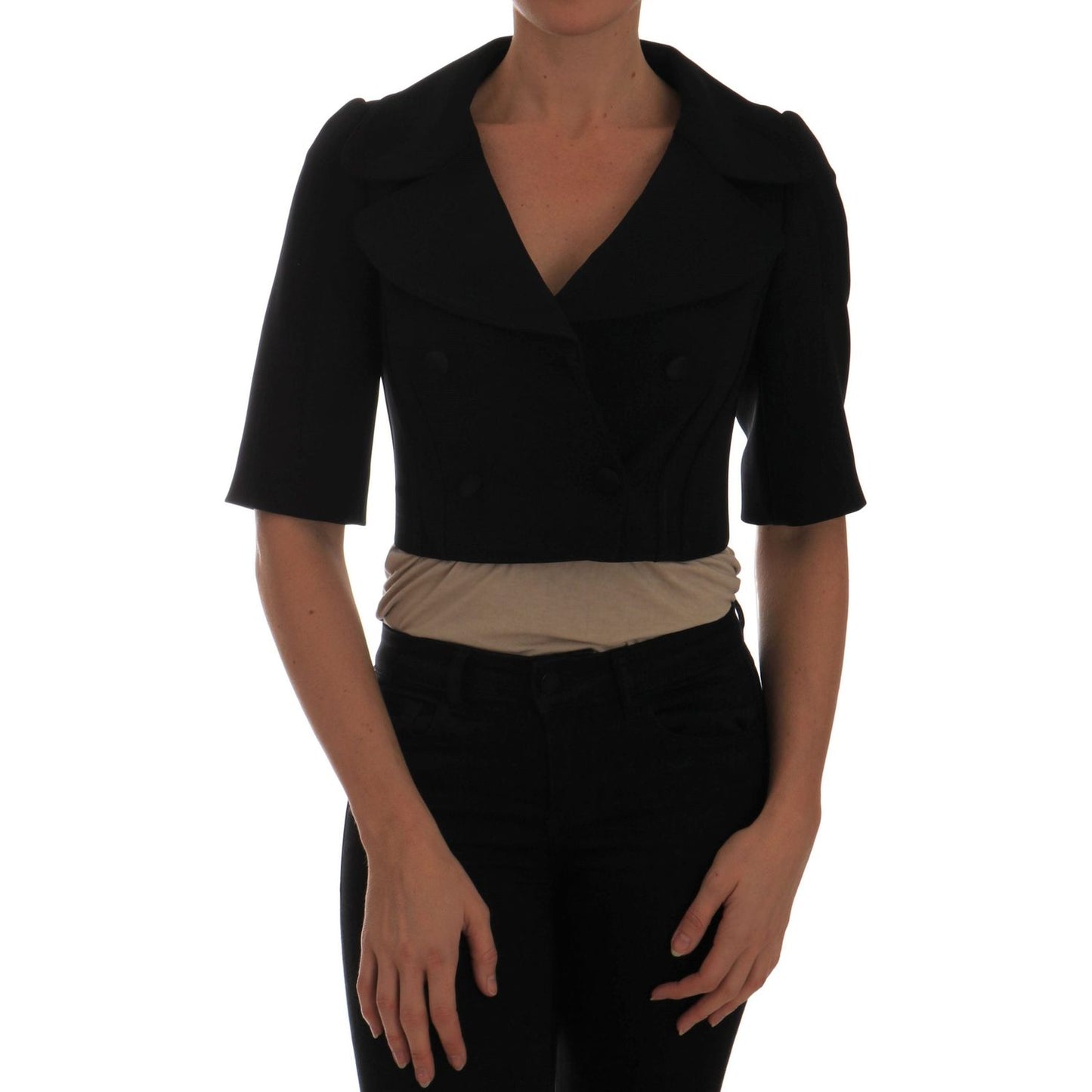 Dolce & Gabbana Chic Black Cropped Double Breasted Blazer Coats & Jackets Dolce & Gabbana Dim Gray