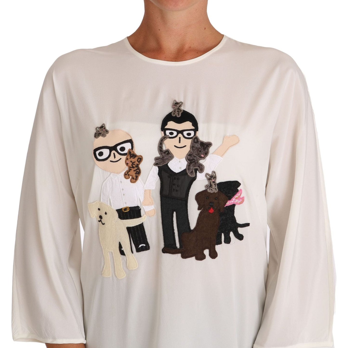 Dolce & Gabbana Chic Figure Family Applique Silk Top Dolce & Gabbana Light Gray