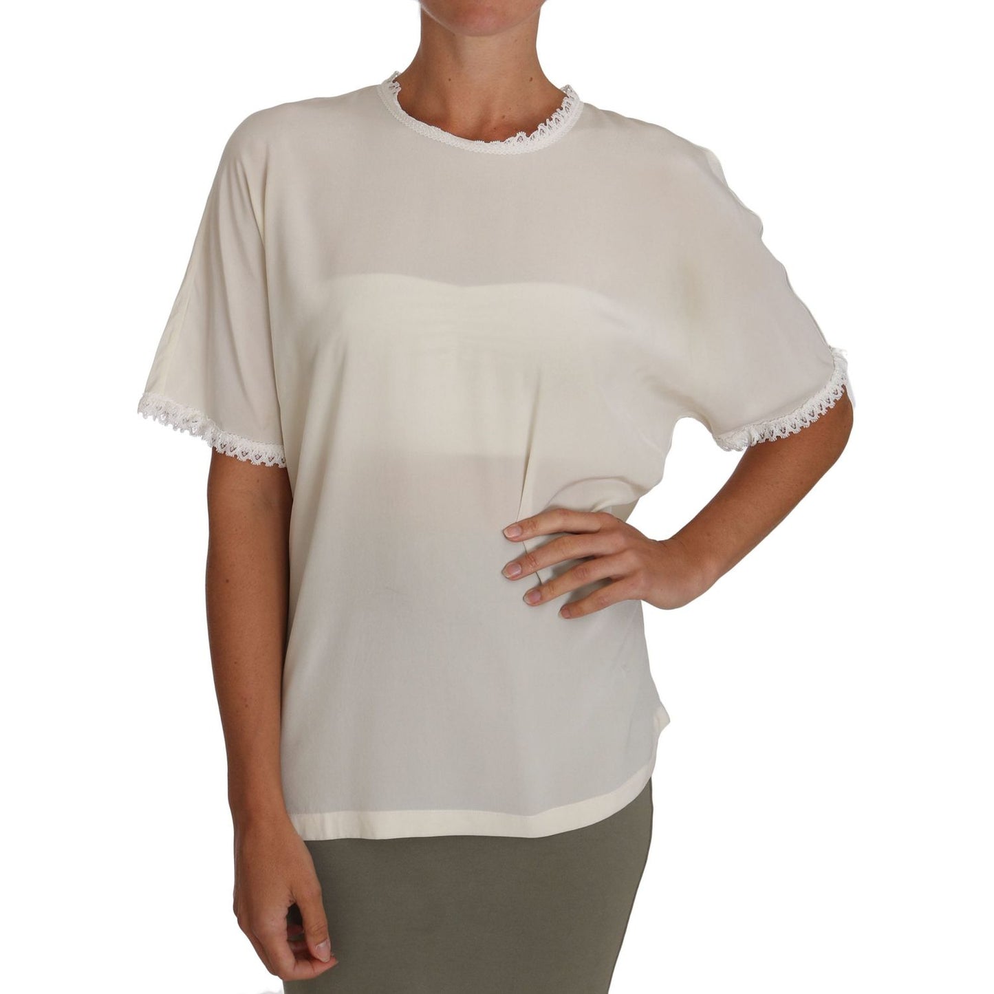 Dolce & Gabbana Cream Silk Lace-Detailed Blouse Top Dolce & Gabbana Gray