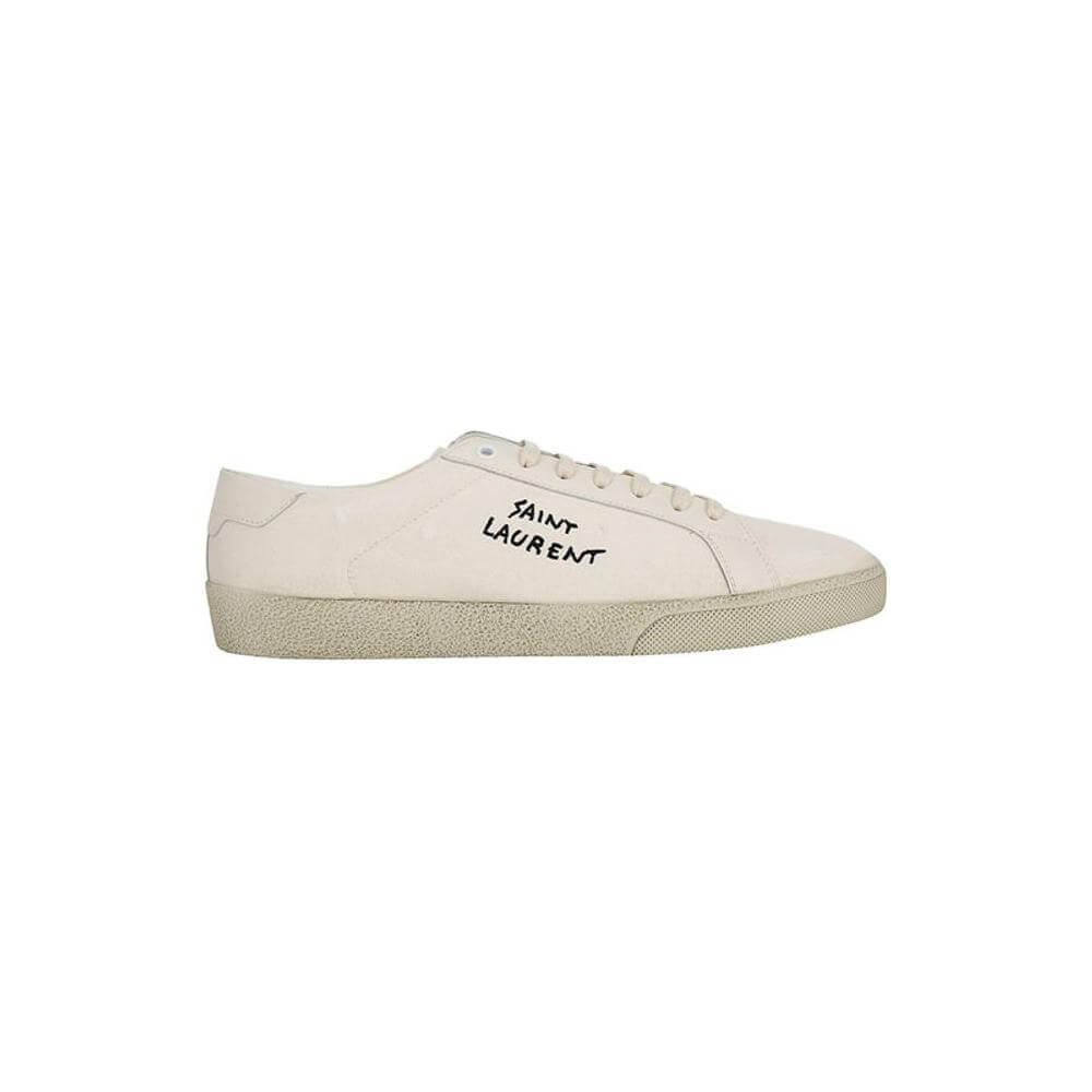 Side view of Saint Laurent SL06 Signa Sneakers featuring cotton material and iconic monogram on flat crater sole.