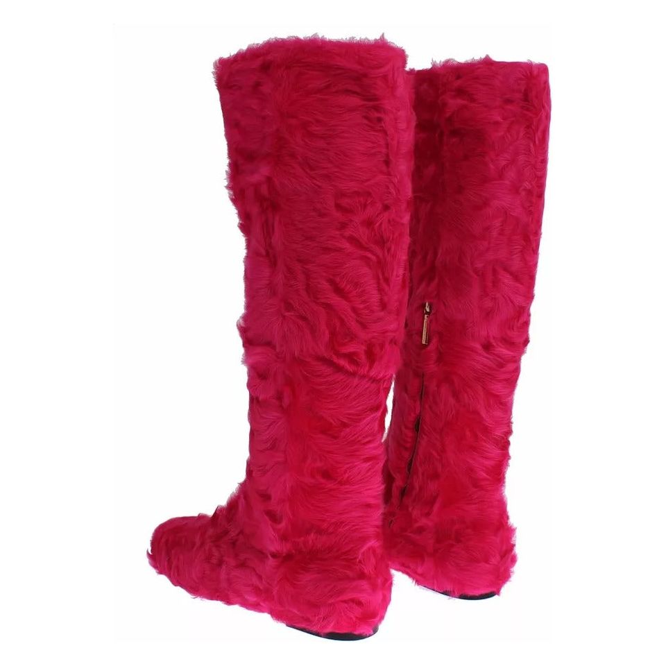 Dolce & Gabbana Pink Lamb Fur Leather Flat Boots Shoes