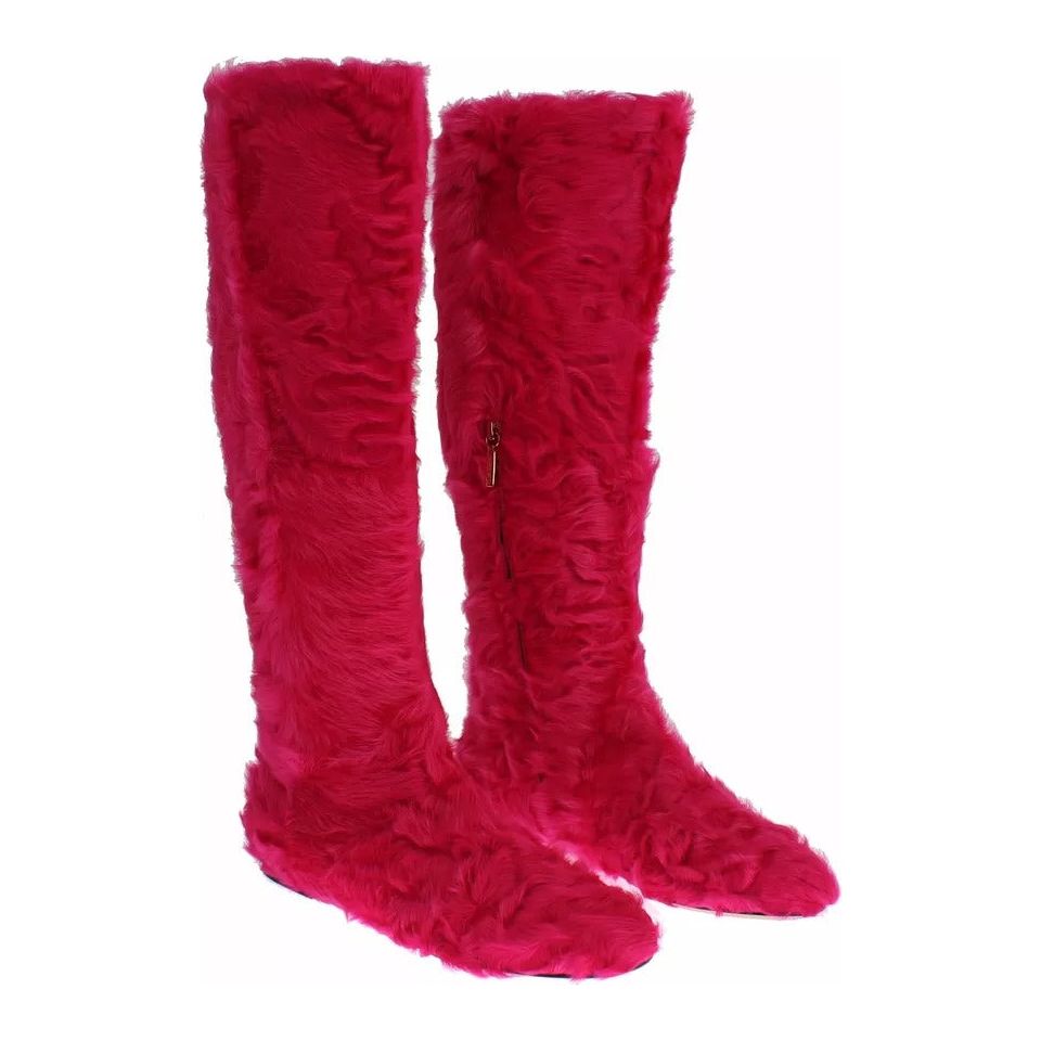 Dolce & Gabbana Pink Lamb Fur Leather Flat Boots Shoes