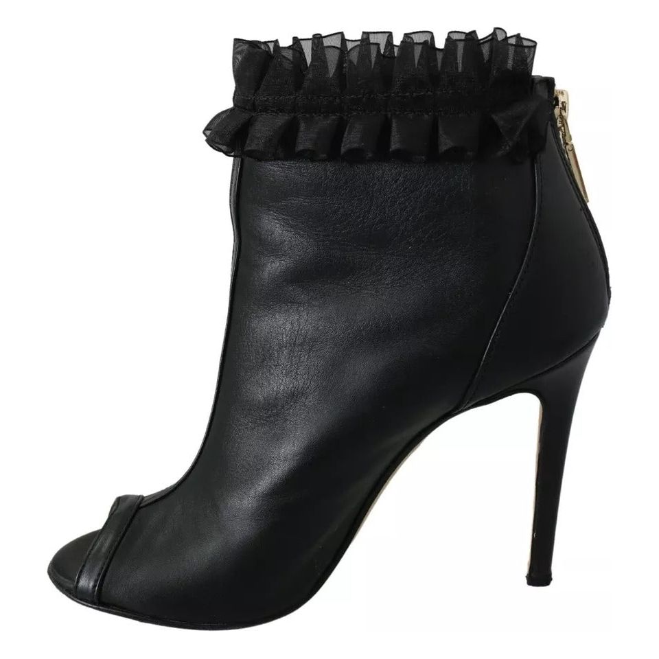 Mangano Black Leather Mesh Stiletto High Heels Peep Toe Boots Shoes