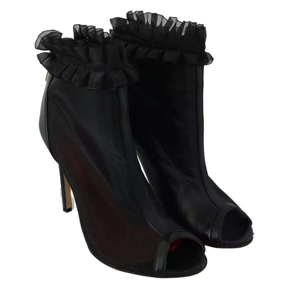 Mangano Black Leather Mesh Stiletto High Heels Peep Toe Boots Shoes