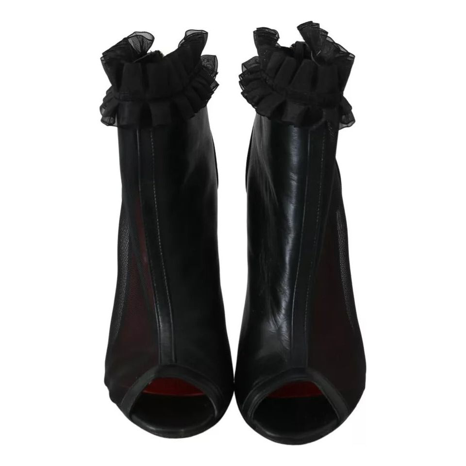 Mangano Black Leather Mesh Stiletto High Heels Peep Toe Boots Shoes