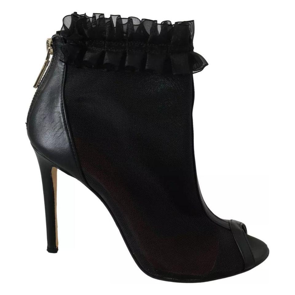 Mangano Black Leather Mesh Stiletto High Heels Peep Toe Boots Shoes