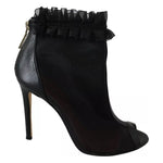 Mangano Black Leather Mesh Stiletto High Heels Peep Toe Boots Shoes