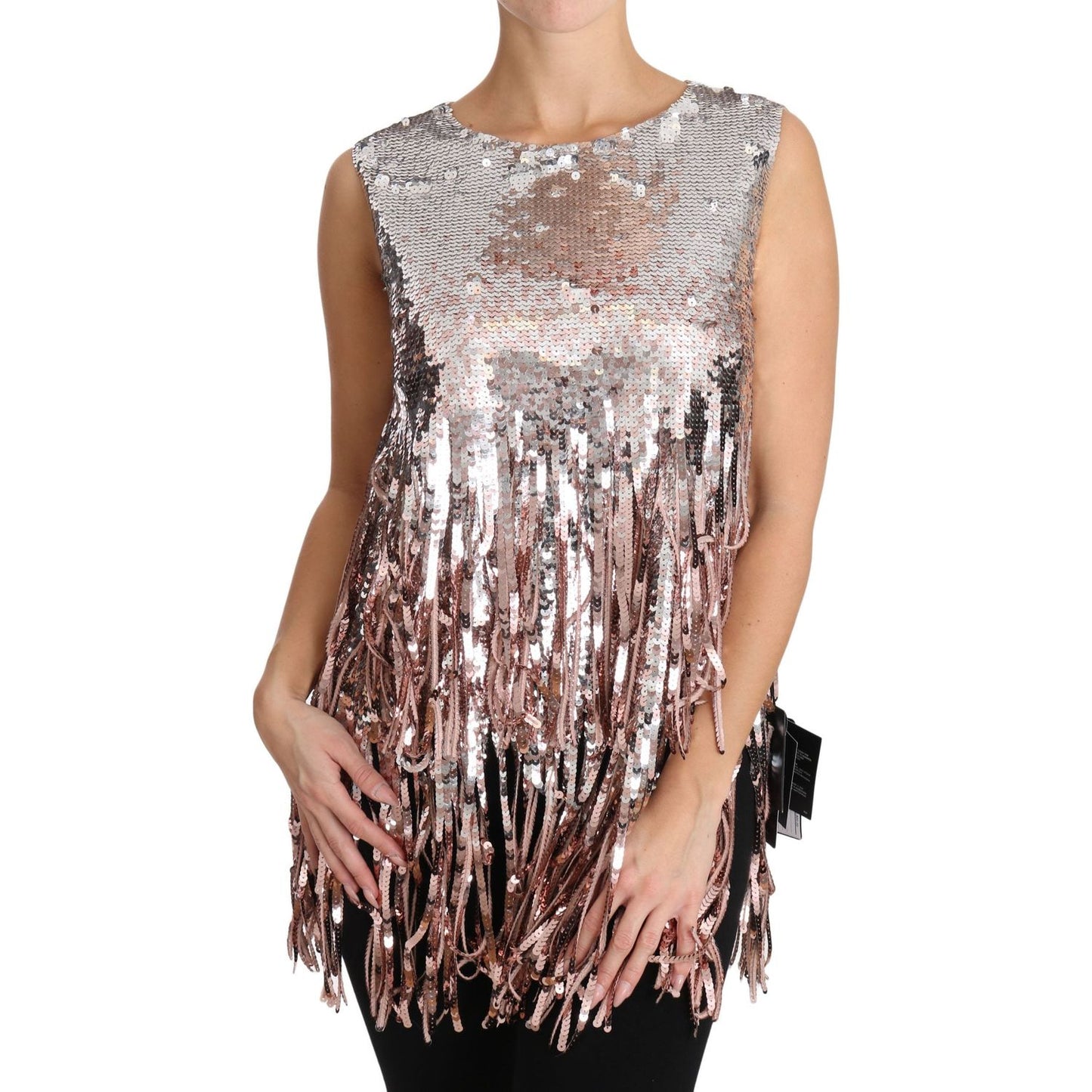 Dolce & Gabbana Golden Pink Sequined Fringe Elegance Top Dolce & Gabbana Rosy Brown