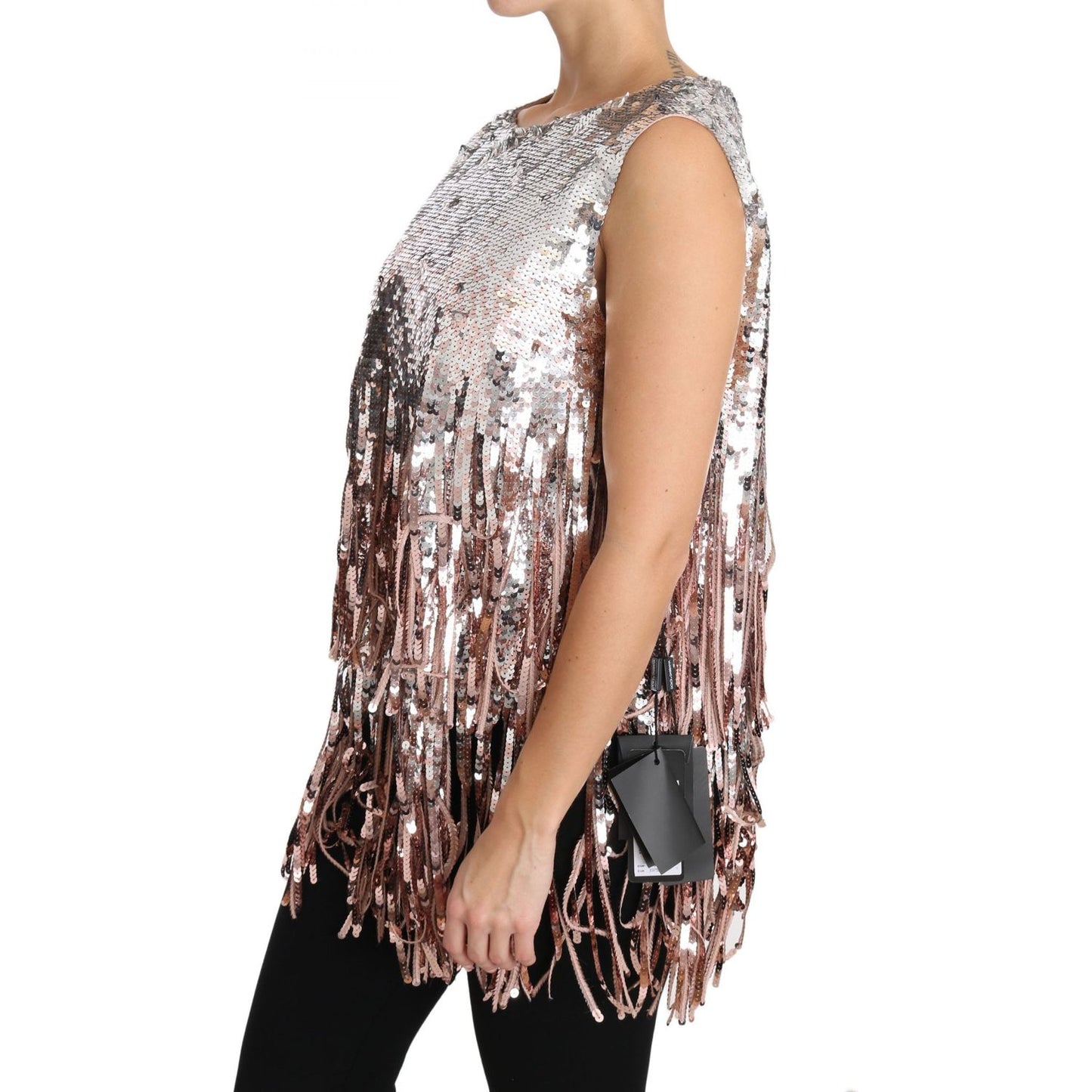 Dolce & Gabbana Golden Pink Sequined Fringe Elegance Top Dolce & Gabbana Rosy Brown