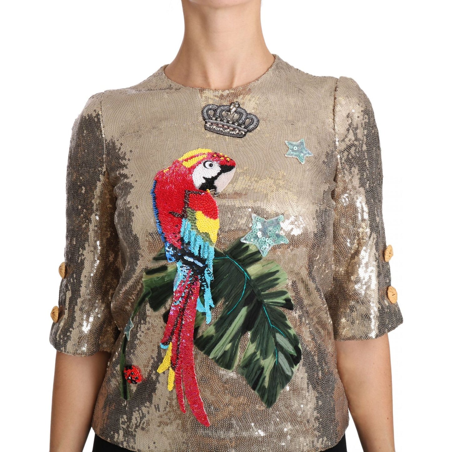 Dolce & Gabbana Gold Parrot Motif Crewneck Blouse with Crystals Dolce & Gabbana Rosy Brown