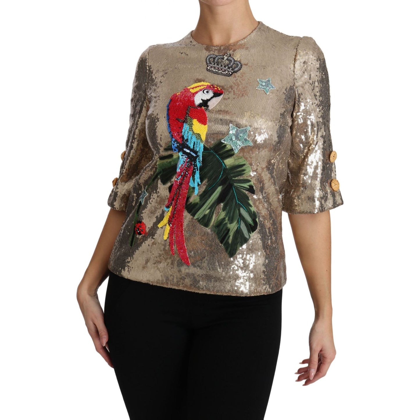 Dolce & Gabbana Gold Parrot Motif Crewneck Blouse with Crystals Dolce & Gabbana Dark Slate Gray