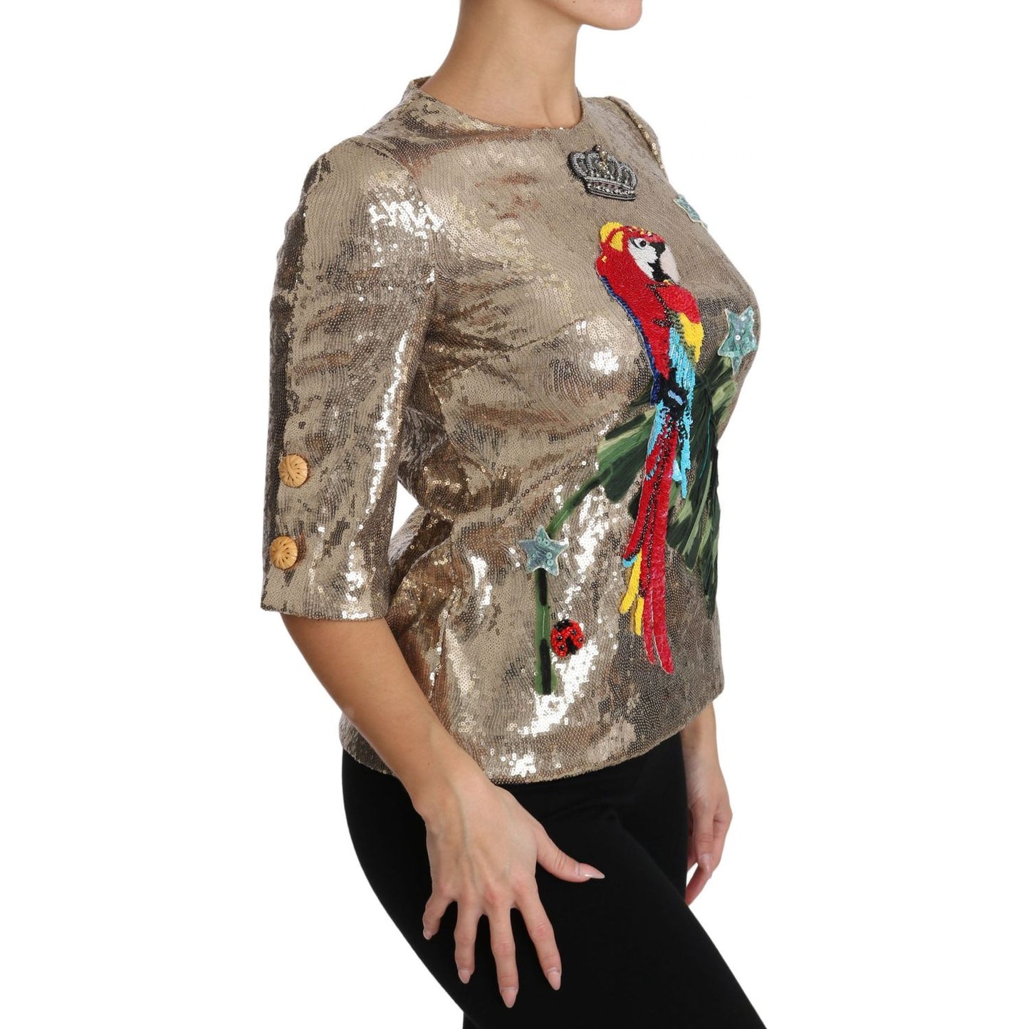 Dolce & Gabbana Gold Parrot Motif Crewneck Blouse with Crystals Dolce & Gabbana Rosy Brown