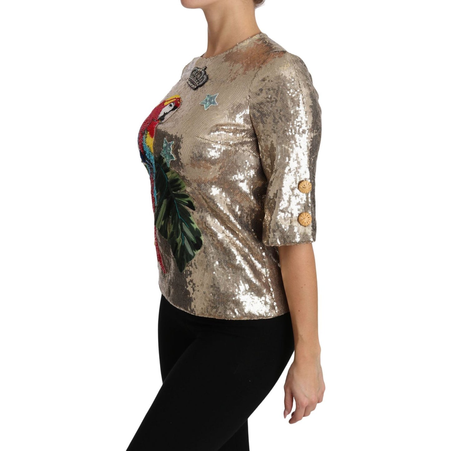 Dolce & Gabbana Gold Parrot Motif Crewneck Blouse with Crystals Dolce & Gabbana Dim Gray
