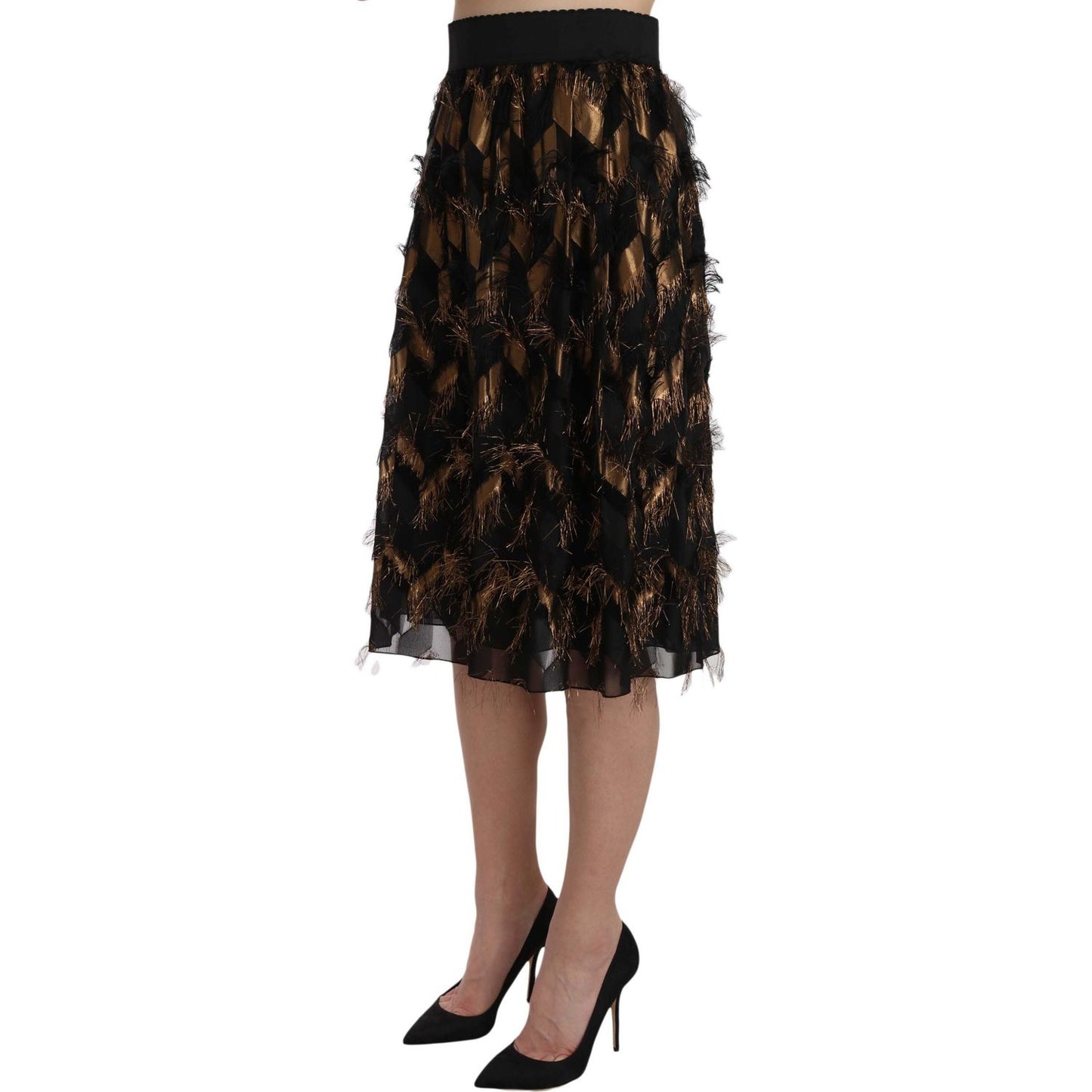 Dolce & Gabbana Elegant Gold Black Silk Blend High Waist Skirt Dolce & Gabbana Rosy Brown