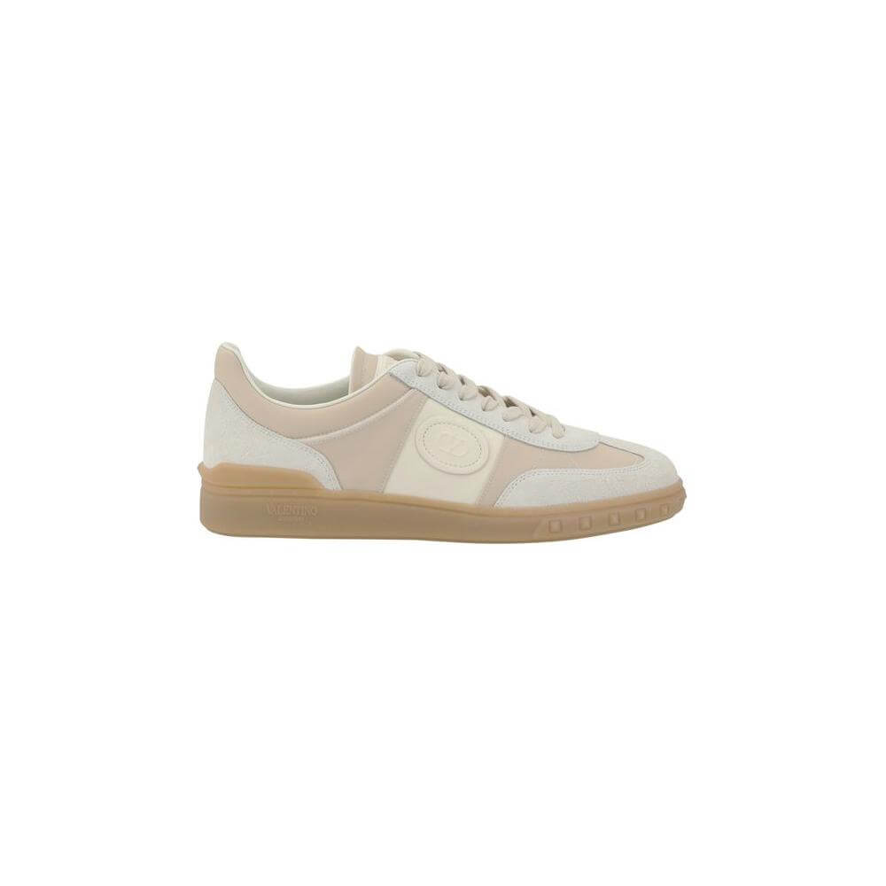 Valentino Garavani Upvillage Sneakers in beige leather with suede details, logo patch, and iconic studded sole.