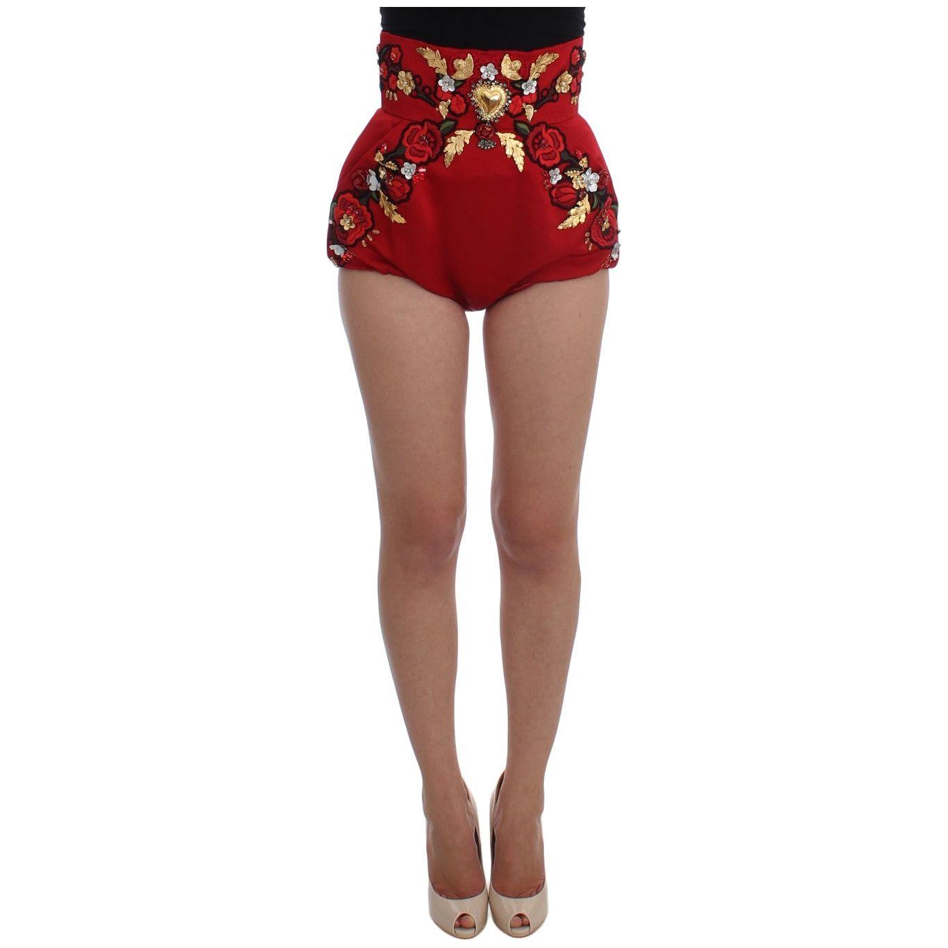 Dolce & Gabbana Red Silk Crystal-Embellished High Waist Shorts Dolce & Gabbana Sienna