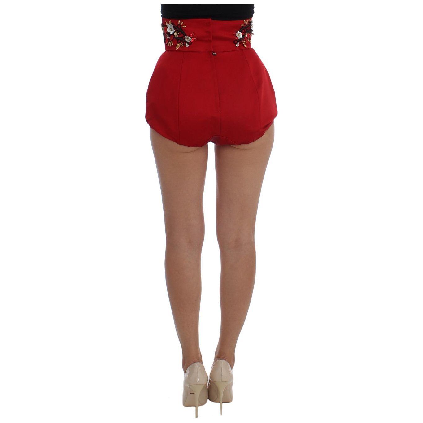 Dolce & Gabbana Red Silk Crystal-Embellished High Waist Shorts Dolce & Gabbana Sienna