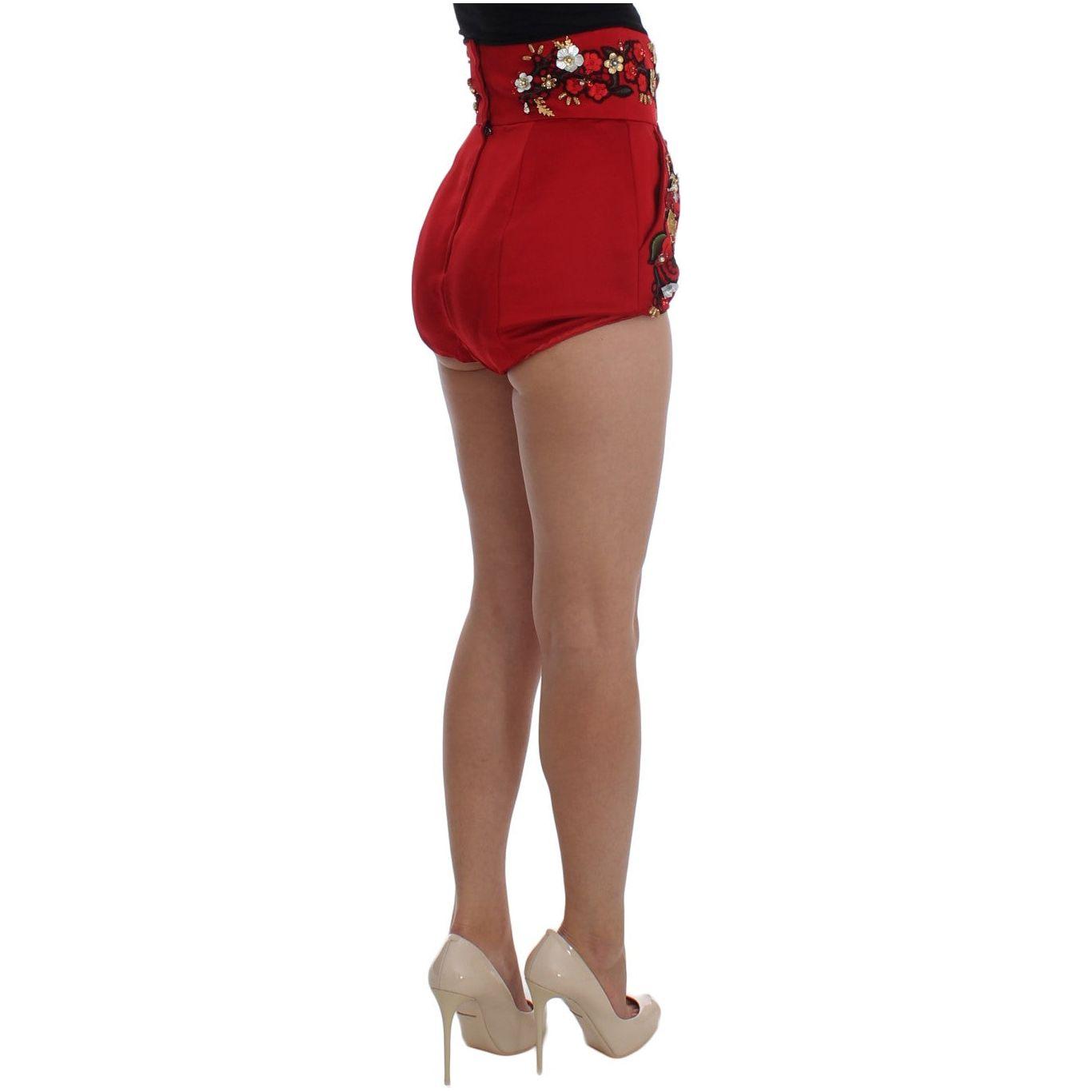 Dolce & Gabbana Red Silk Crystal-Embellished High Waist Shorts Dolce & Gabbana Sienna