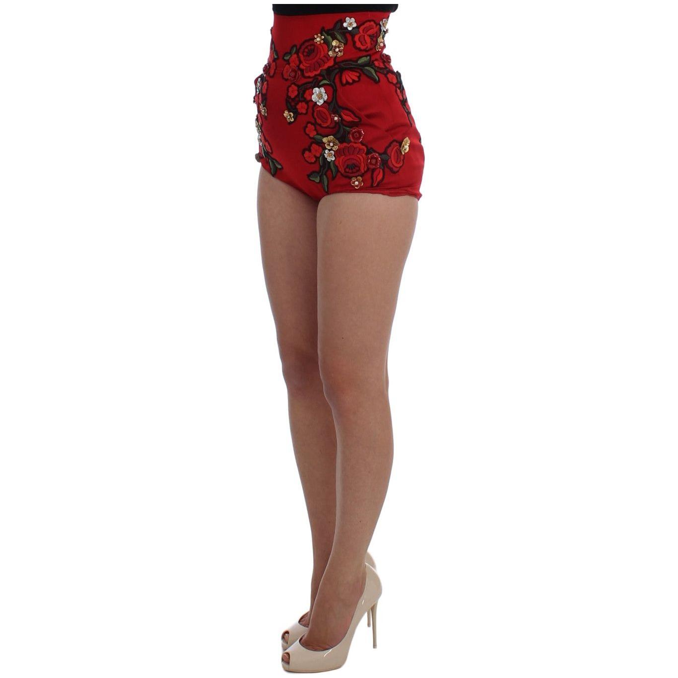 Dolce & Gabbana Glamorous Red Silk Floral Embroidered Shorts Dolce & Gabbana Sienna