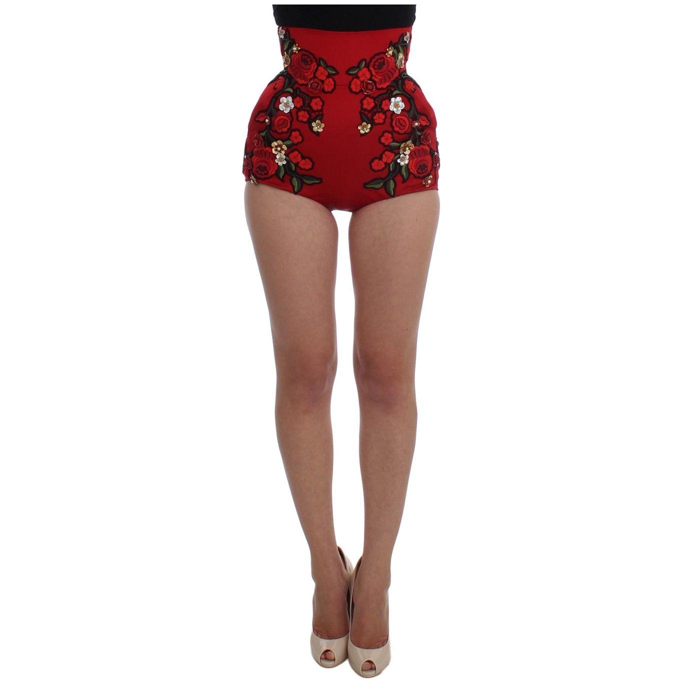 Dolce & Gabbana Glamorous Red Silk Floral Embroidered Shorts Dolce & Gabbana Sienna