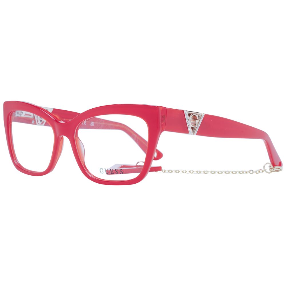 Guess Red Women Glasses Frame with acetate cat eye design and full-rim style, includes branded case, demo lenses, and spring hinge.