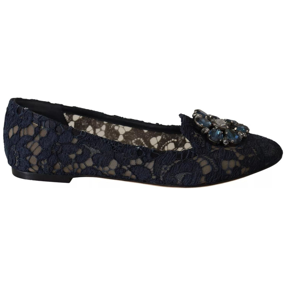 Dolce & Gabbana Blue Crystal Loafer Lace Ballet Flats Shoes