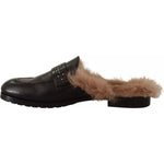 Peserico Black Leather Fur Perforated Slip On Flats Shoes