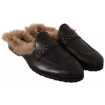 Peserico Black Leather Fur Perforated Slip On Flats Shoes
