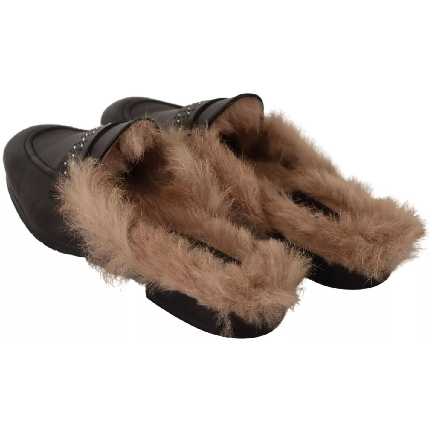 Peserico Black Leather Fur Perforated Slip On Flats Shoes