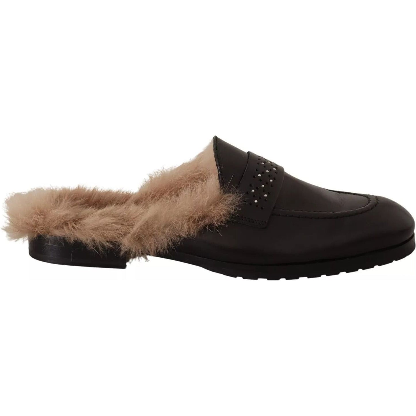Peserico Black Leather Fur Perforated Slip On Flats Shoes