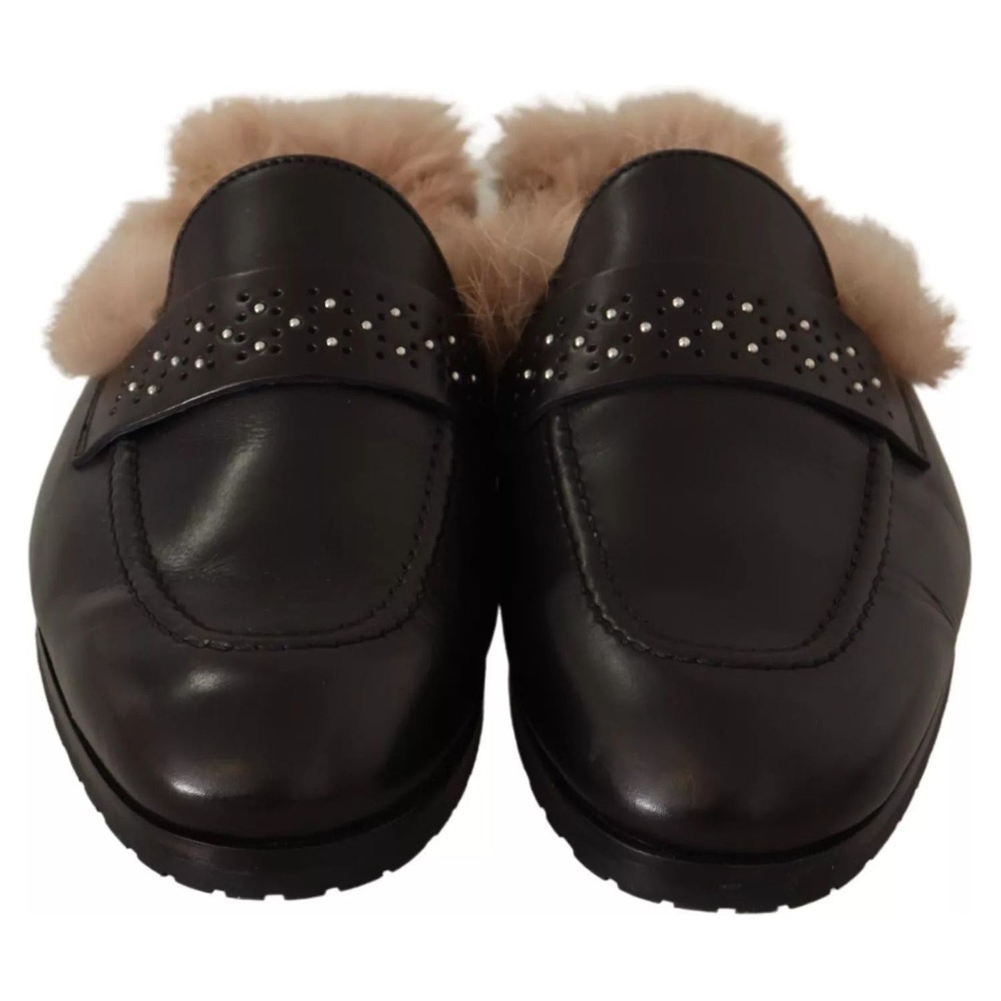 Peserico Black Leather Fur Perforated Slip On Flats Shoes