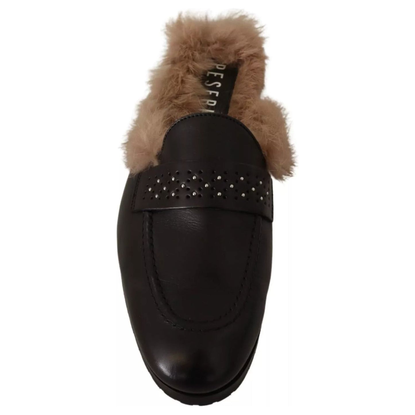 Peserico Black Leather Fur Perforated Slip On Flats Shoes