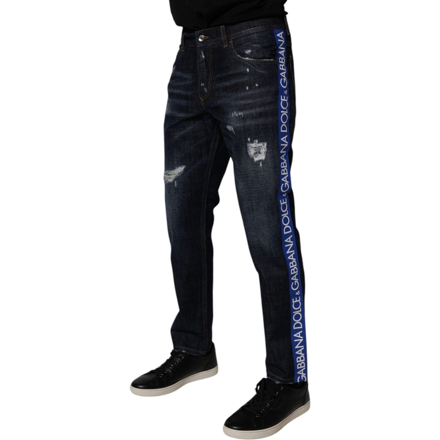 Dolce & Gabbana Dark Blue Cotton Tattered Skinny Denim Jeans