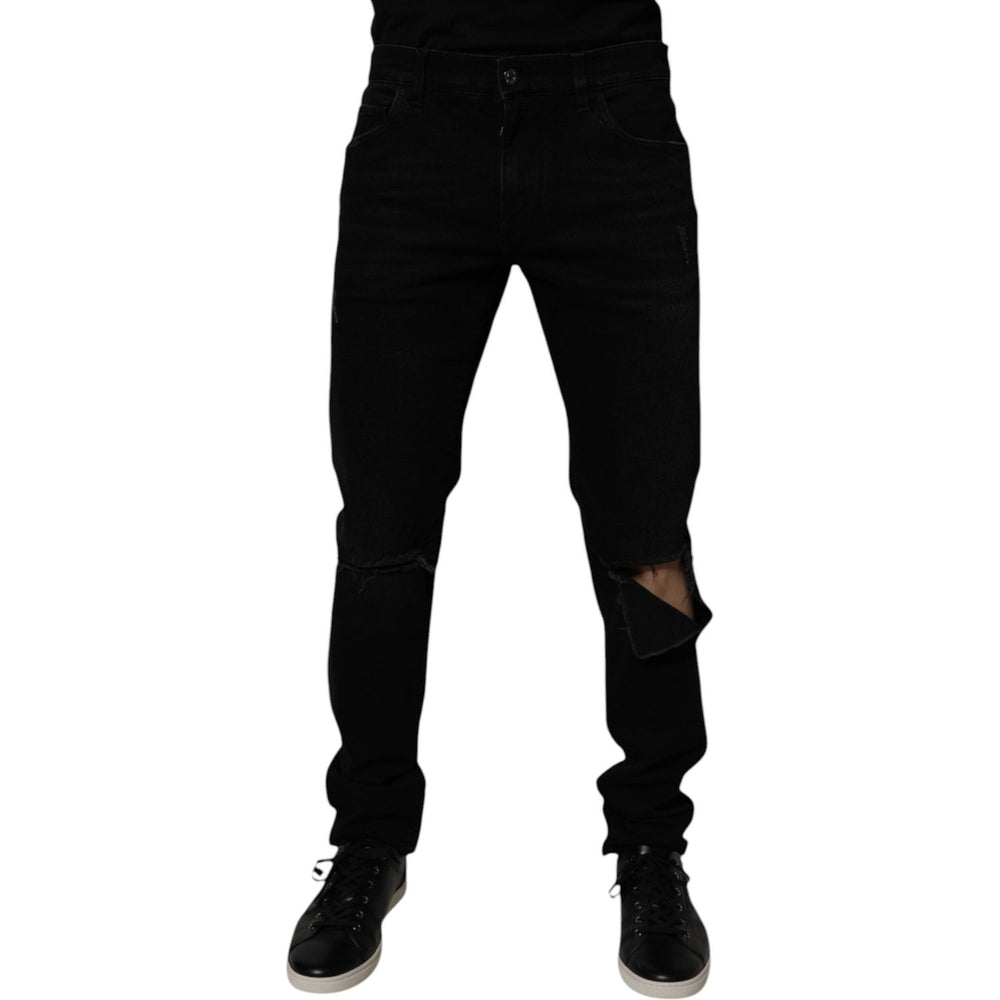 Dolce & Gabbana Black Cotton Tattered Skinny Men Denim Jeans