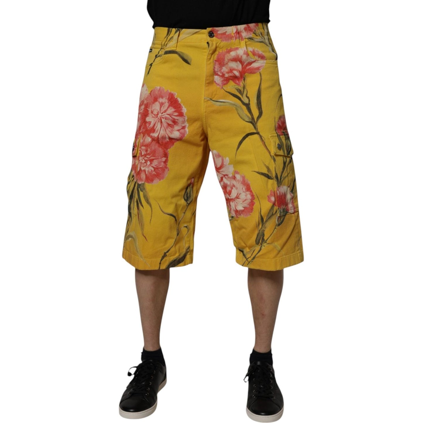 Dolce & Gabbana Yellow Floral Cargo Denim Men Bermuda Shorts