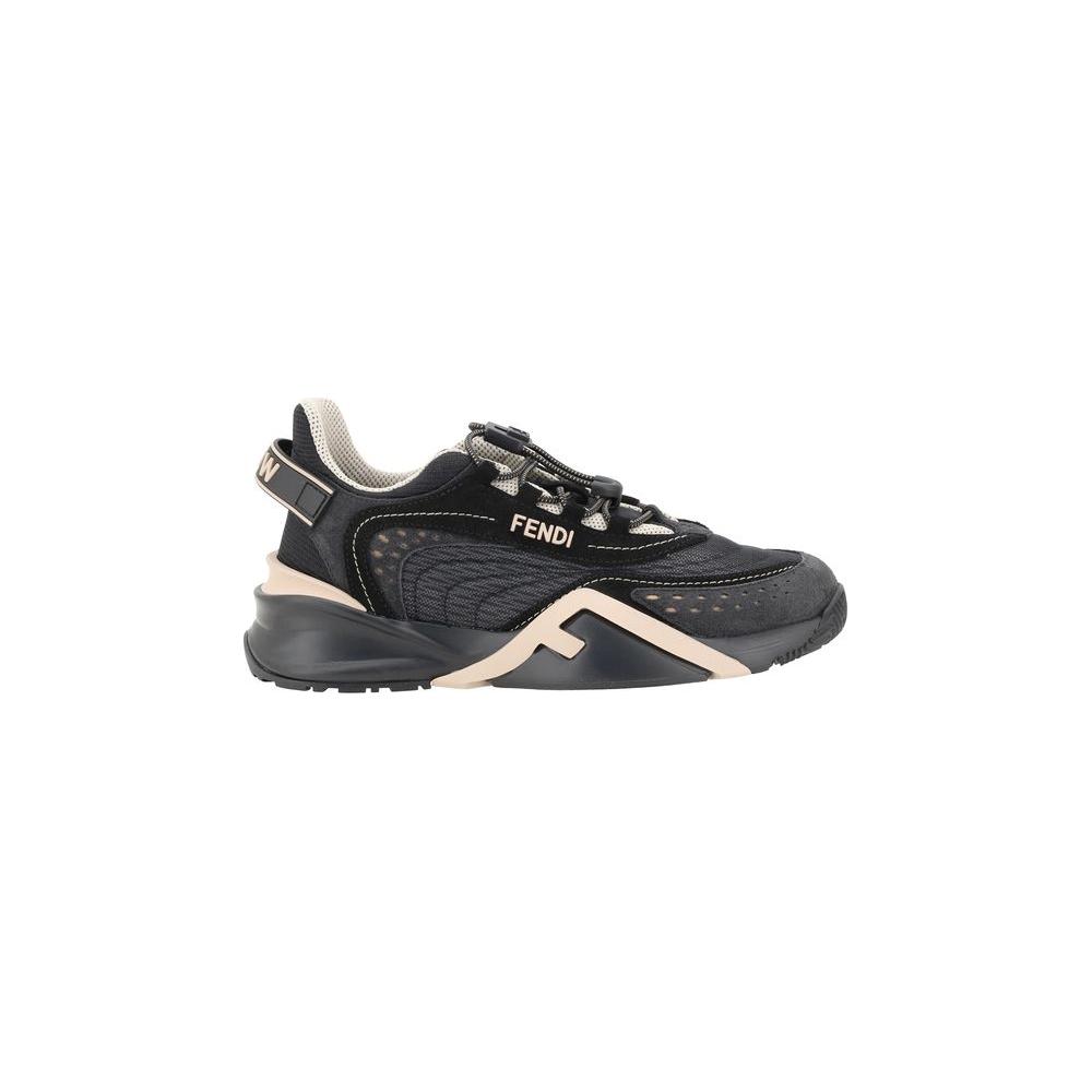 Fendi logoed sneakers with elastic drawstring laces and textured sole for grip, featuring a tone-on-tone logo on black design.