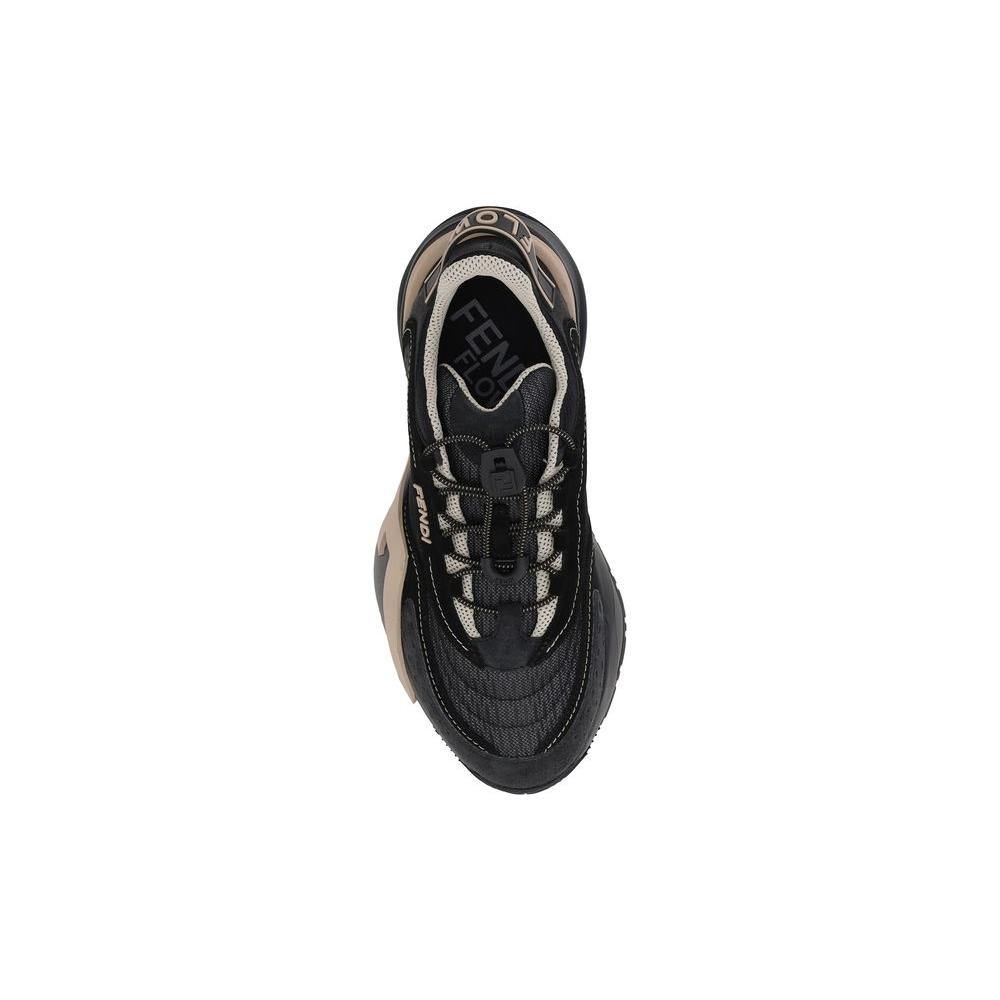 Top view of Fendi logoed sneakers with adjustable elastic drawstring laces and textured sole for sporty style and elegance.