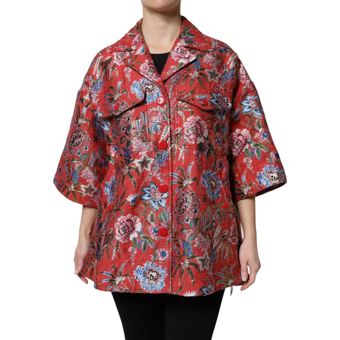 Dolce & Gabbana Red Floral Jacquard Button Down Coat Jacket JKT41384-38
