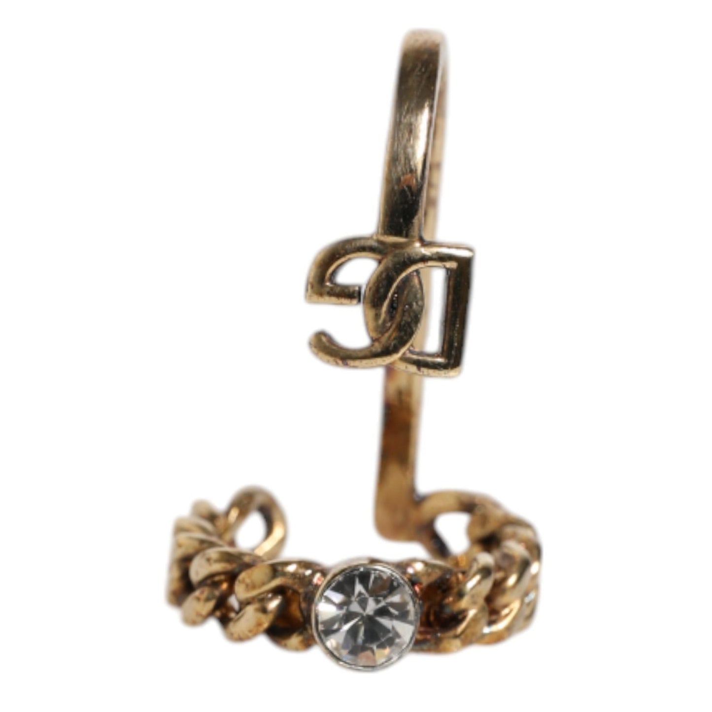 Dolce & Gabbana Gold Tone Engraved Logo Clear Crystals Adjustable Ring SMY10461