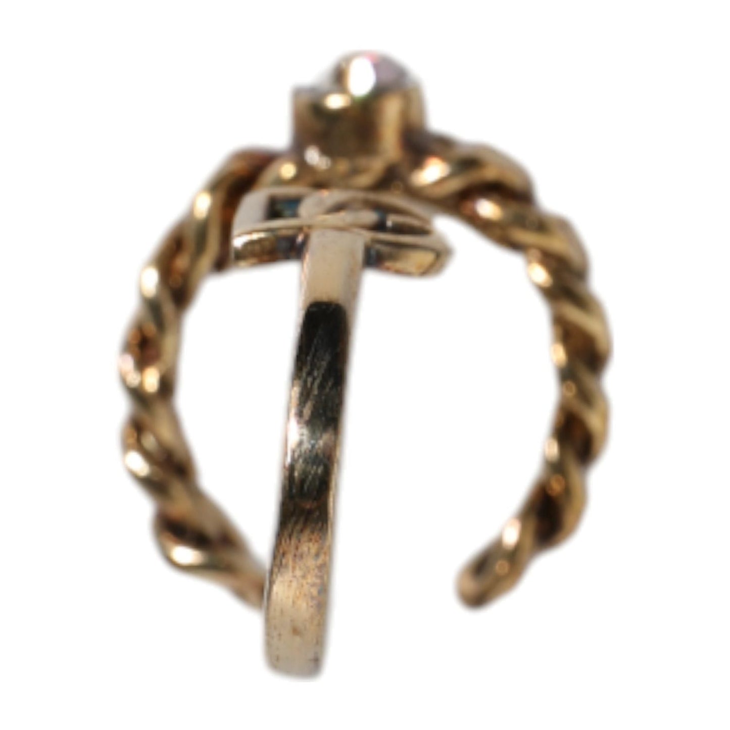 Dolce & Gabbana Gold Tone Engraved Logo Clear Crystals Adjustable Ring SMY10461